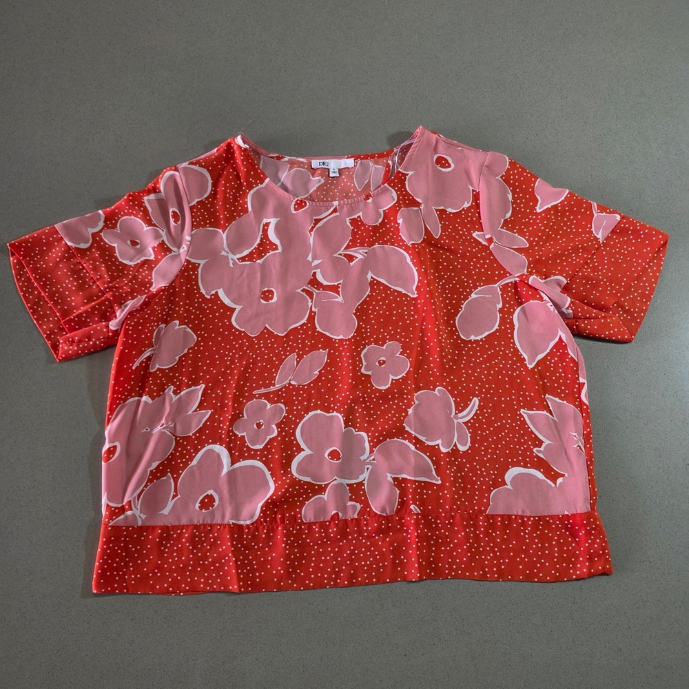 DR2 Womens XL Coral Red Pink Floral Polka Dot Split Back Blouse DR23781PR1